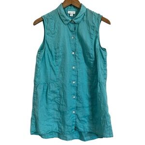 J.Jill Love 100% Linen Sleeveless Button-down Shirt Aqua Blue M